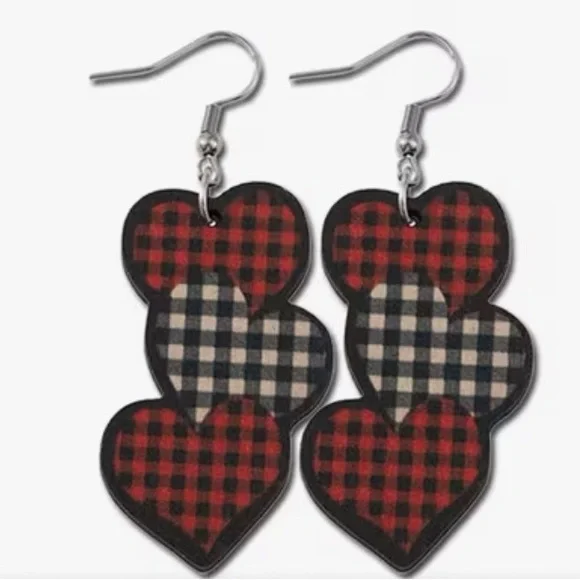Plaid Heart Drop Earrings - Picture 2 of 3